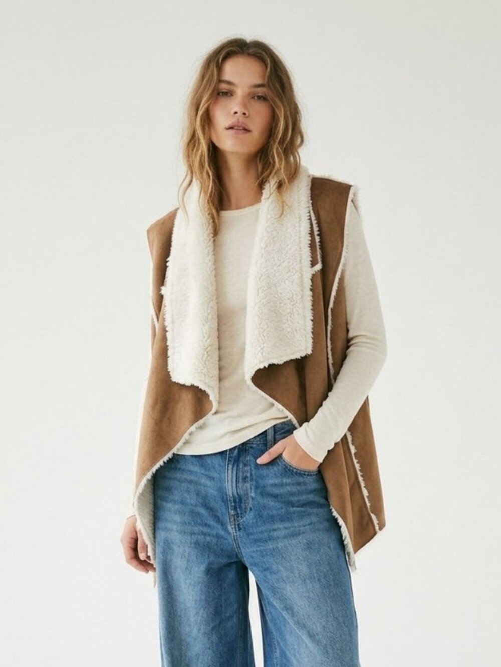 Xhiliaration Vest Tan Faux Leather Faux Fur Grunge Hippie Boho M